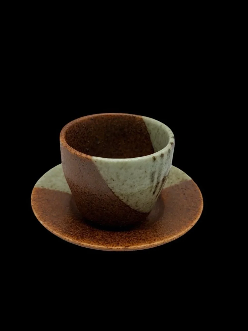 Studio Pottery Espresso Cup & Saucer Brown Sage Drip Glaze